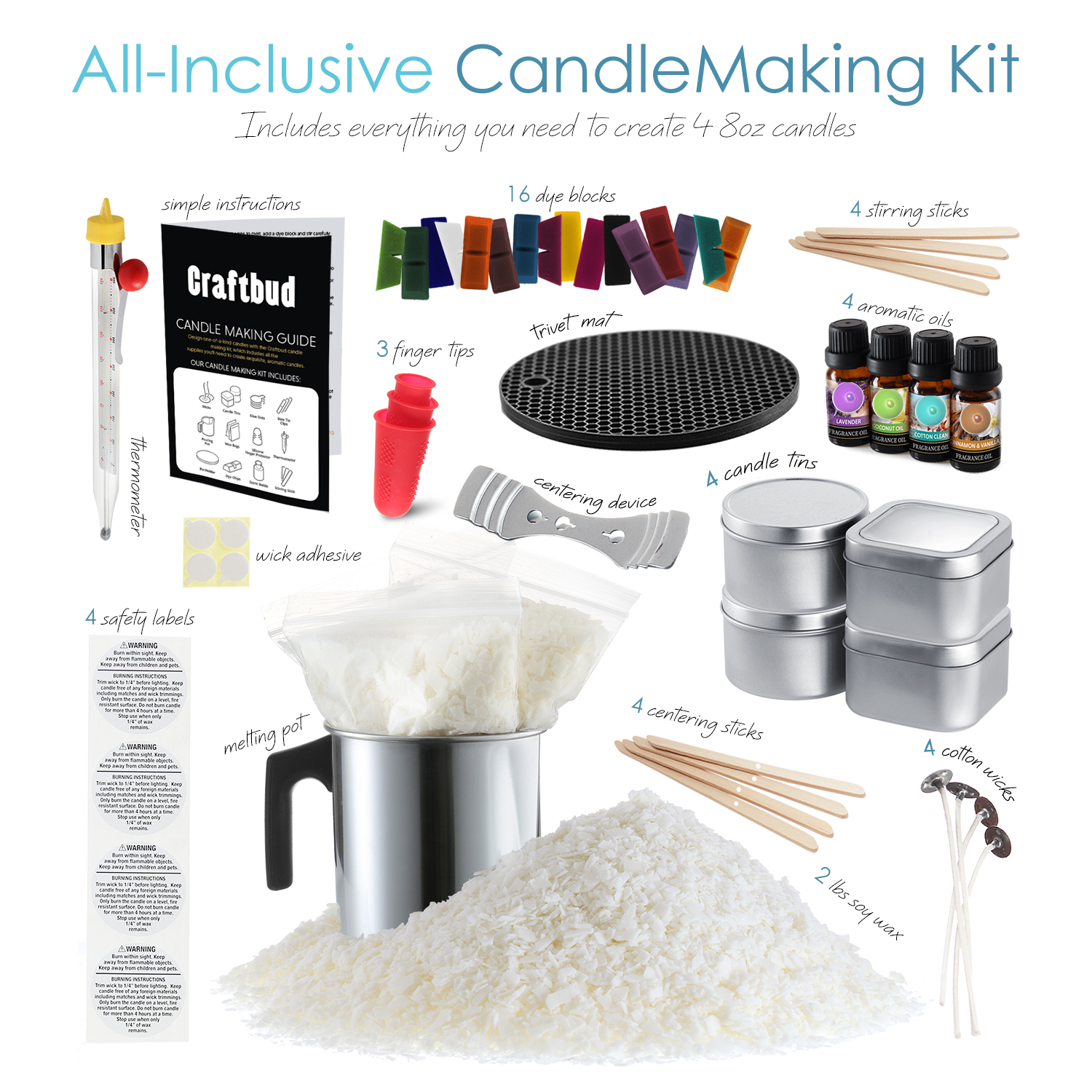 Etienne Alair Candle Making Kit - DIY Scented Candles Kit for Soy Candle  Making, Set Includes: 2Lb Wax, 16 Color Wax Dye, 4 Fragrance Oils, and 4  Tins