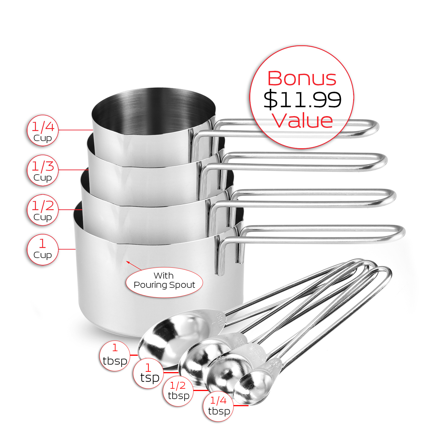 Heavy Duty Professional 10-pc Stainless Steel Measuring Cups and