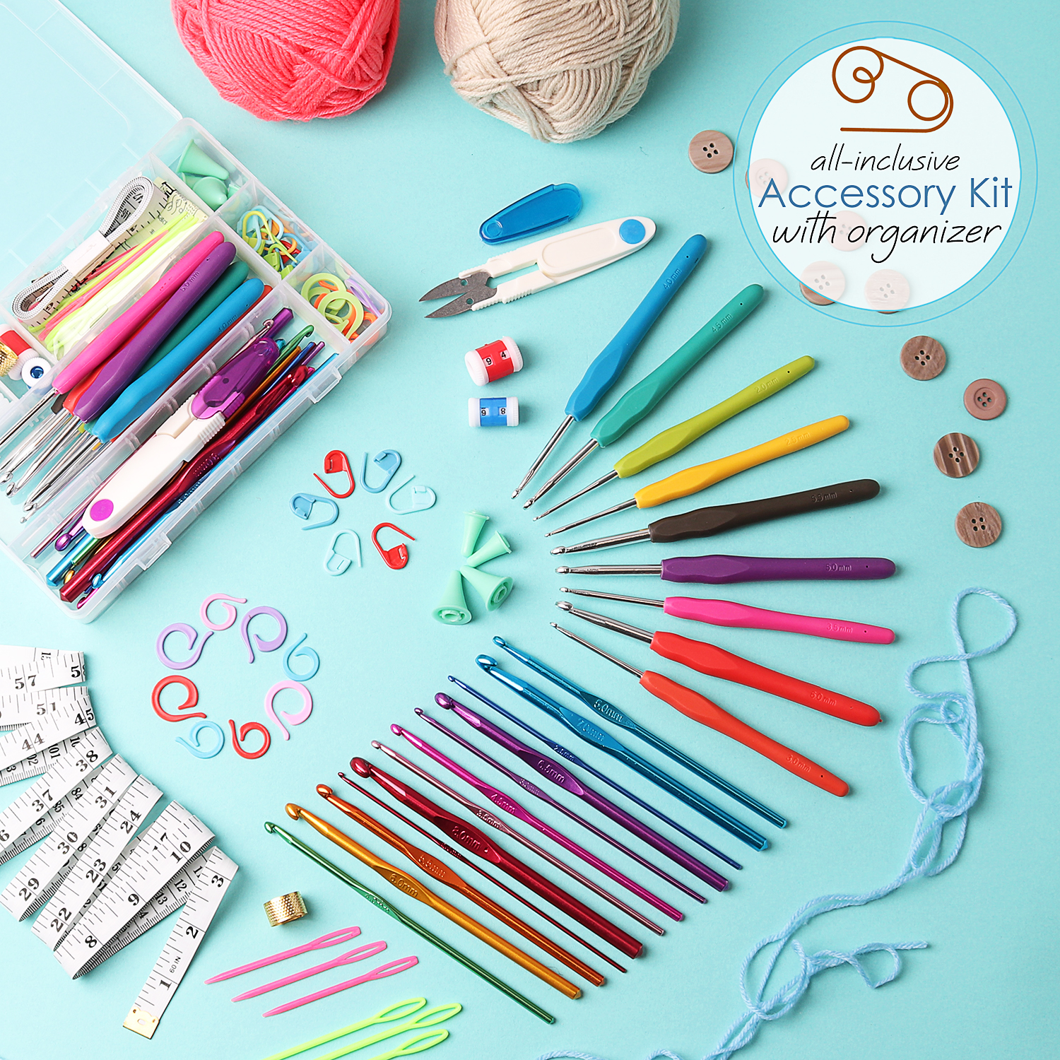 50 Piece Crochet Kit With Crochet Hooks Yarn Set - Premium Bundle Includes  Yarn Balls, Needles, Accessories Kit, Canvas Tote Bag And Lot More